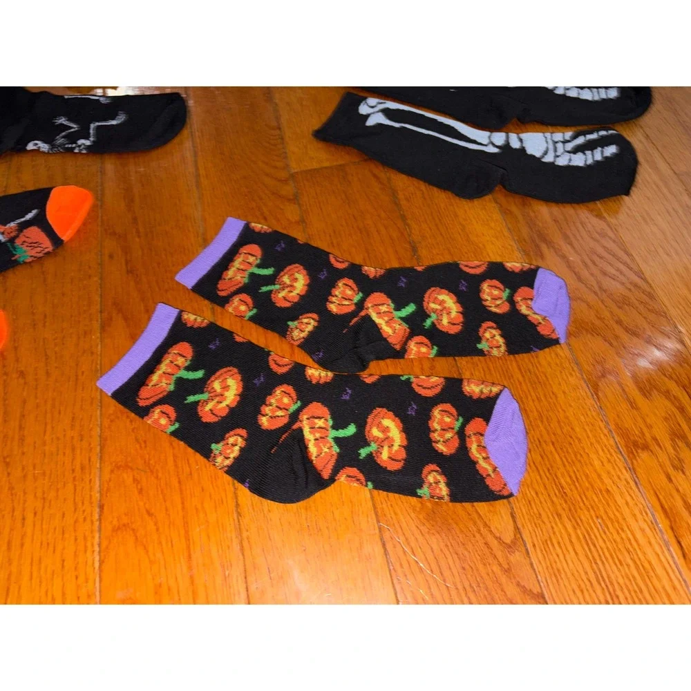 Halloween Crew Socks Bundle 4 Pairs Skeleton Pumpkin Black Orange Purple Womens